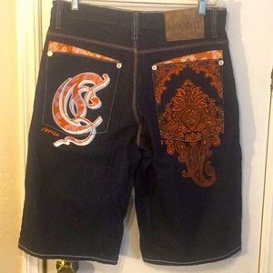VINTAGE GOOGI Y2K DENIM JEANS SHORT MENS SIZE 34 EMBROIDERED POCKET BLUE JEANS